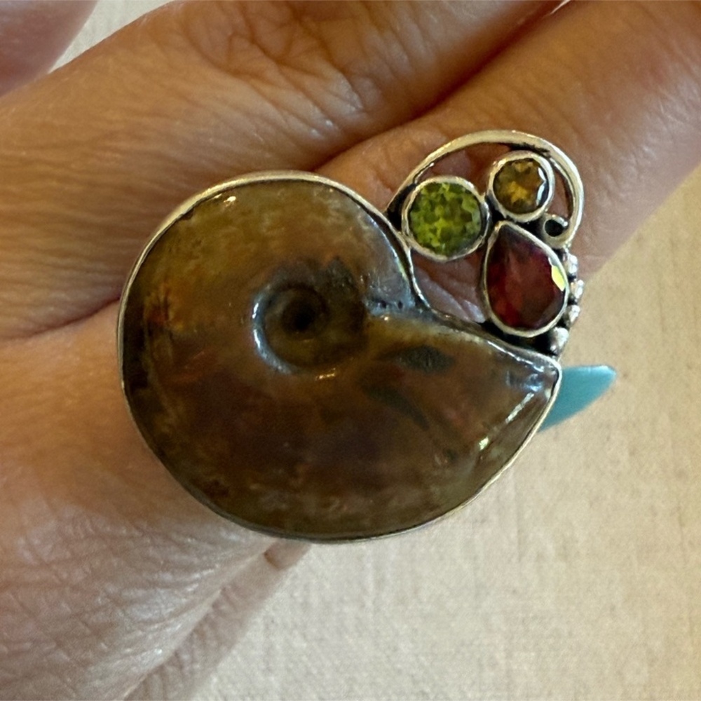 925 Sterling Fossil Ammonite Gemstone Ring Sz 8